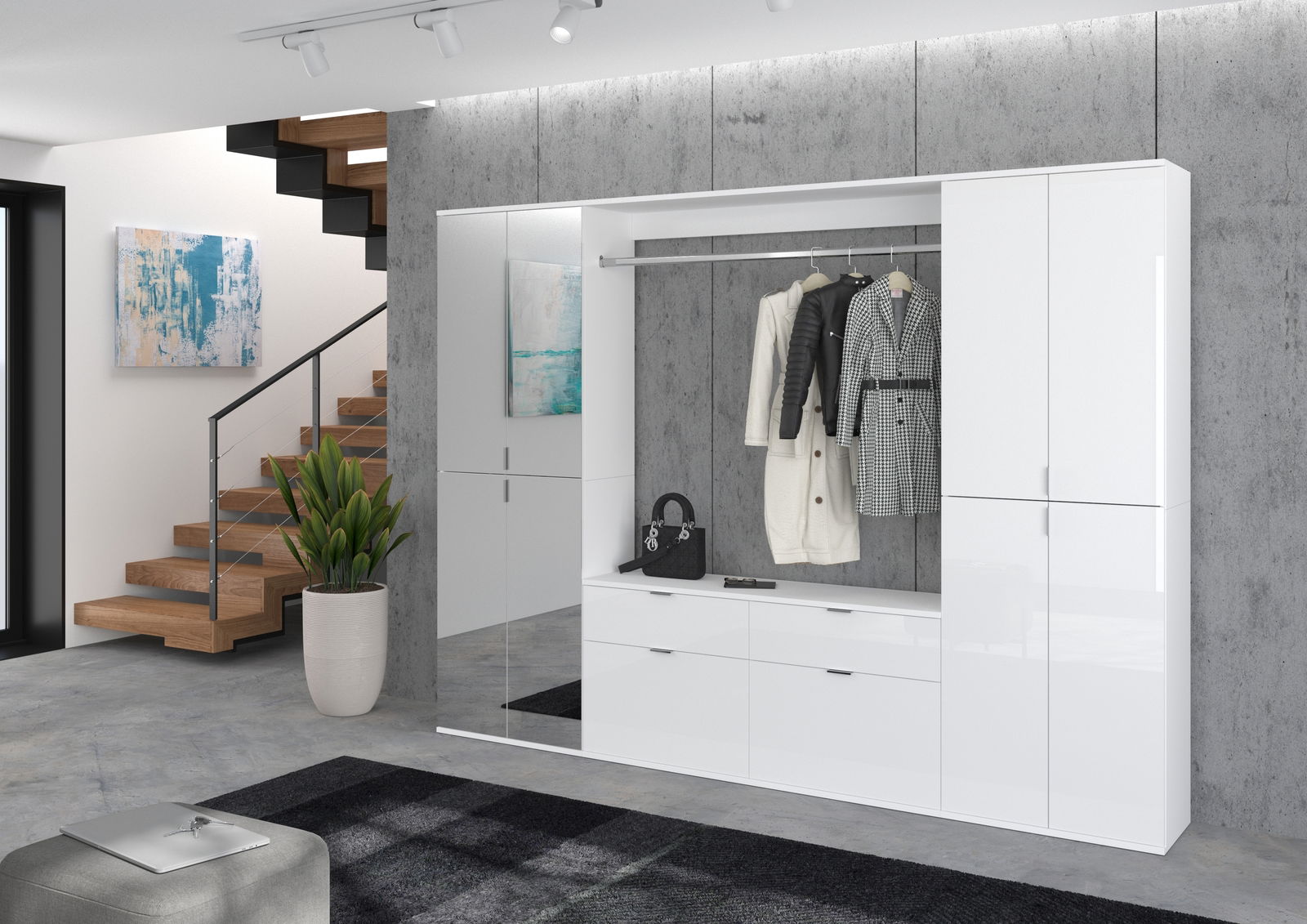 Moderner weißer Hochschrank in einem stilvollen Wohnzimmer, frontal betrachtet, mit integrierter Garderobe und Schubladen.