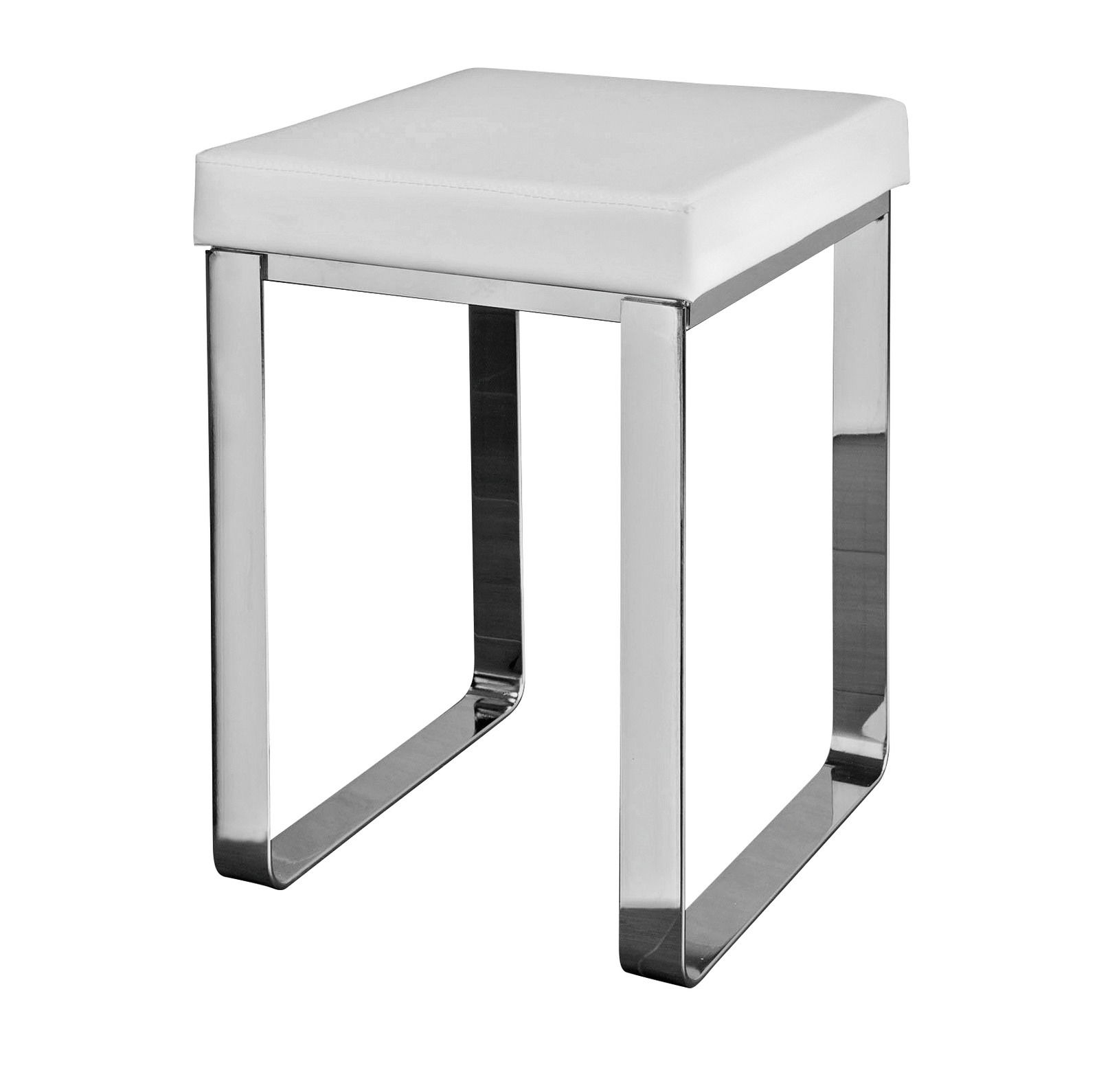 Moderner Badhocker mit weißem Sitzpolster und verchromtem Metallgestell, seitliche Perspektive
