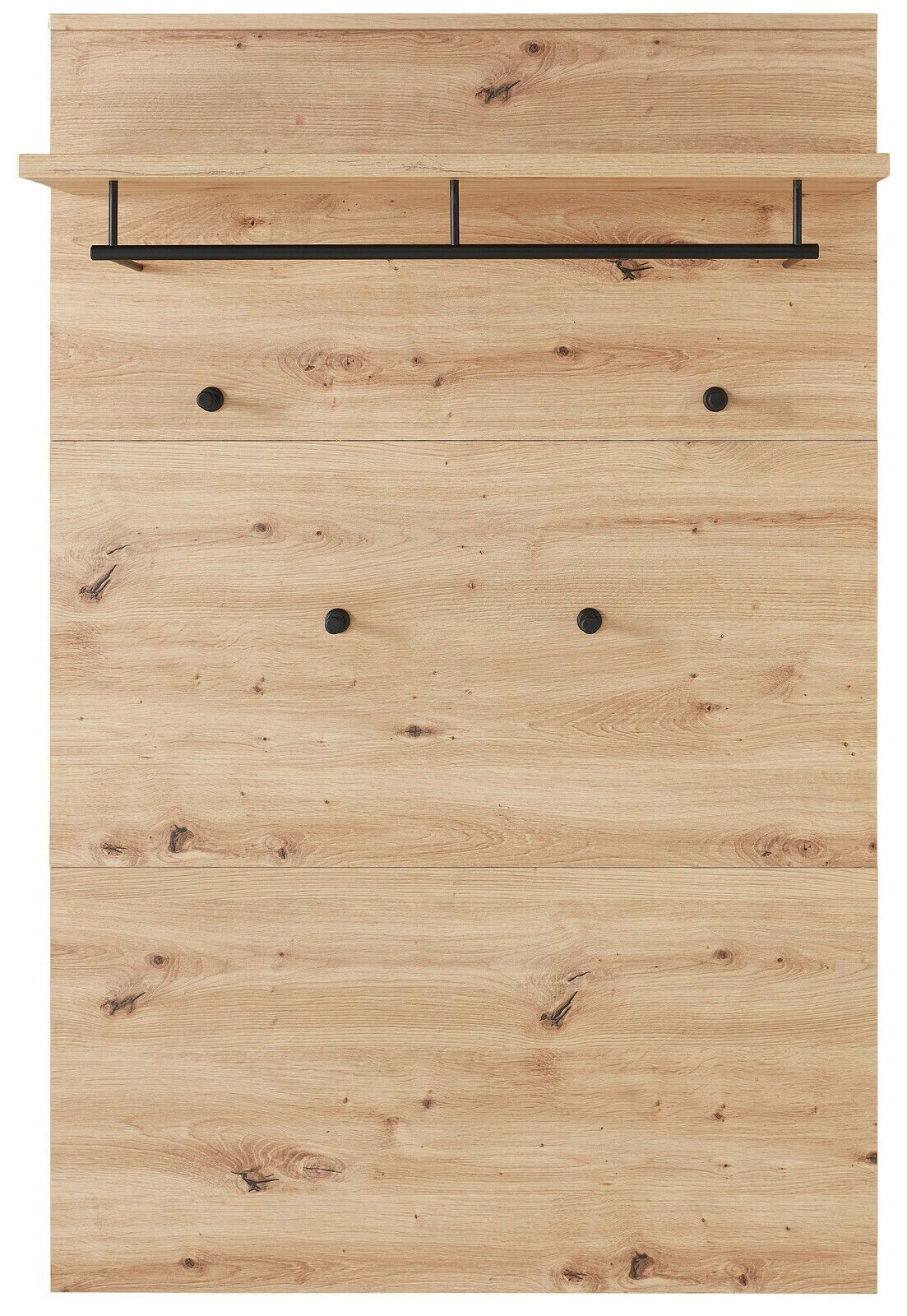 Garderoben-Set aus hellem Holz mit schwarzer Kleiderstange und Haken, frontale Ansicht