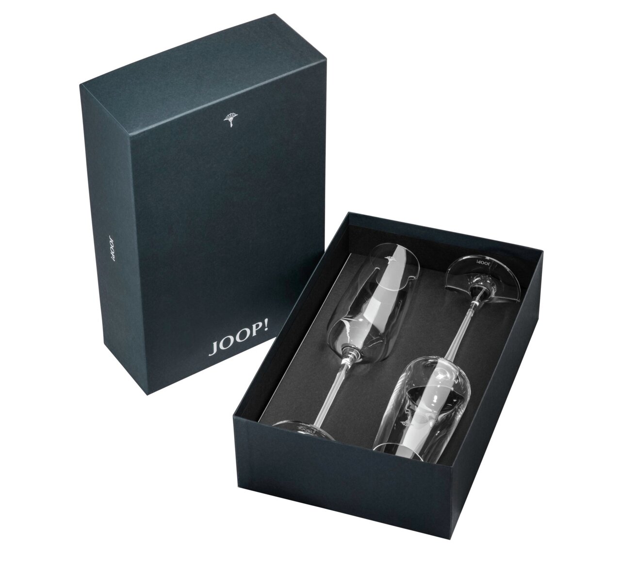 JOOP! Champagnerglas 2er-Set DINING GLAMOUR Zwei Champagnergläser in einer eleganten schwarzen Geschenkbox von oben betrachtet.
