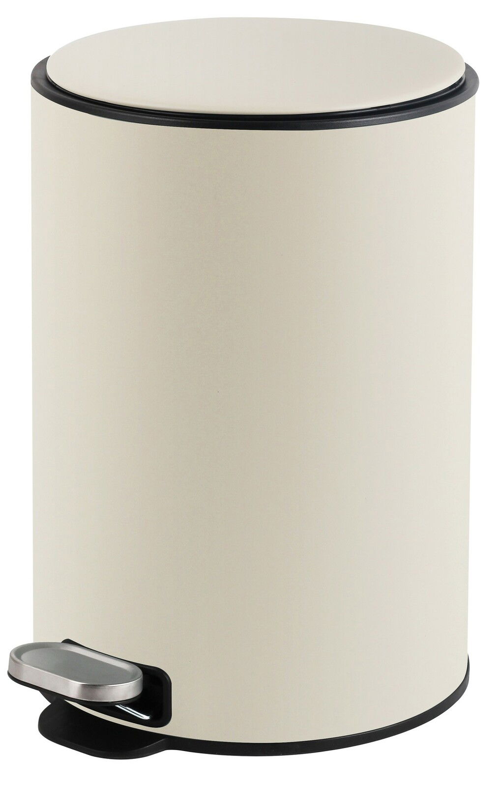 Beiger zylindrischer Abfalleimer mit Pedal, seitliche Perspektive