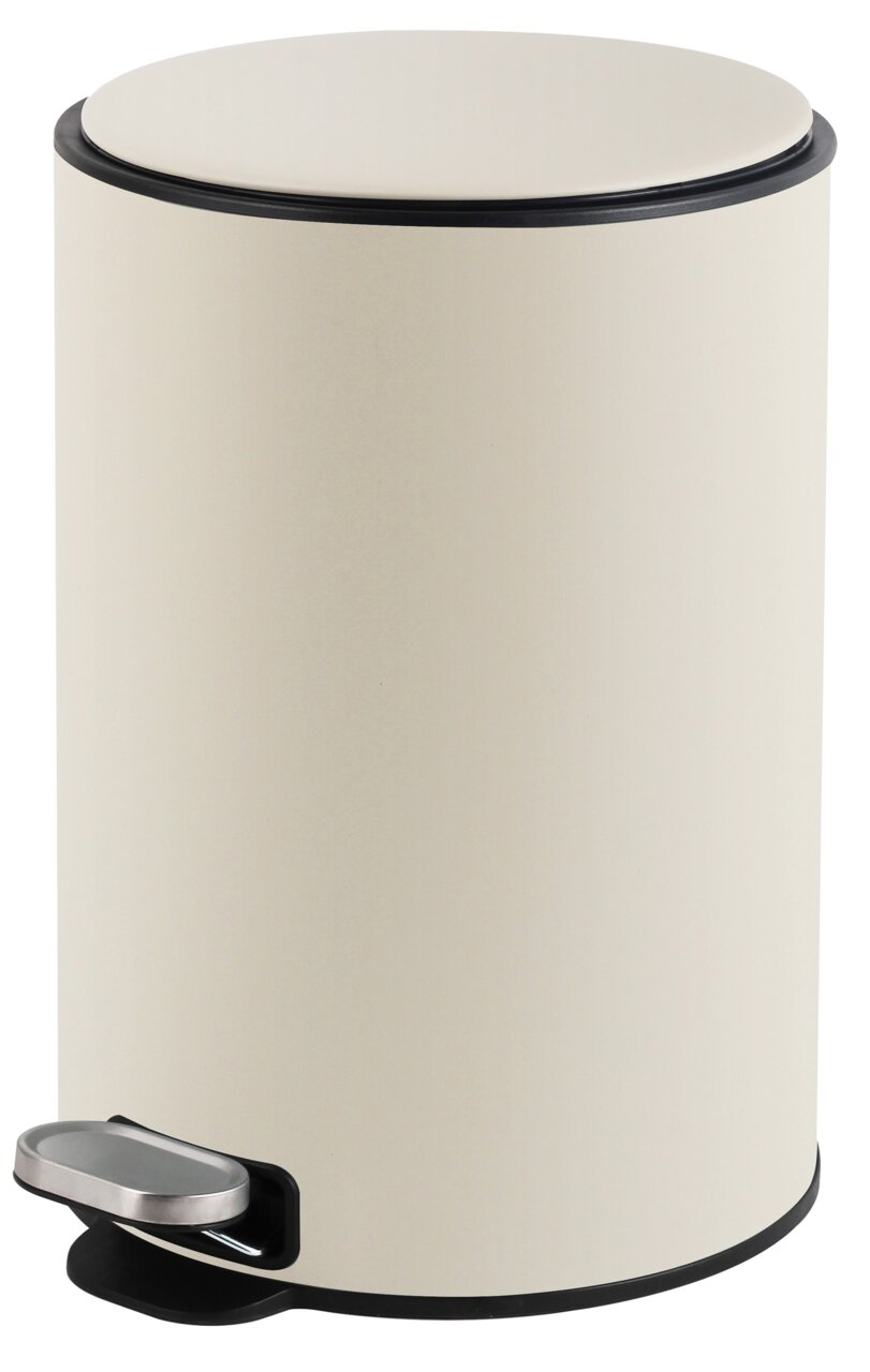 Beiger zylindrischer Abfalleimer mit Pedal, seitliche Perspektive