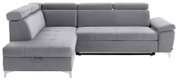 Graues Ecksofa mit verstellbaren Kopfstützen, Ansicht von vorne.