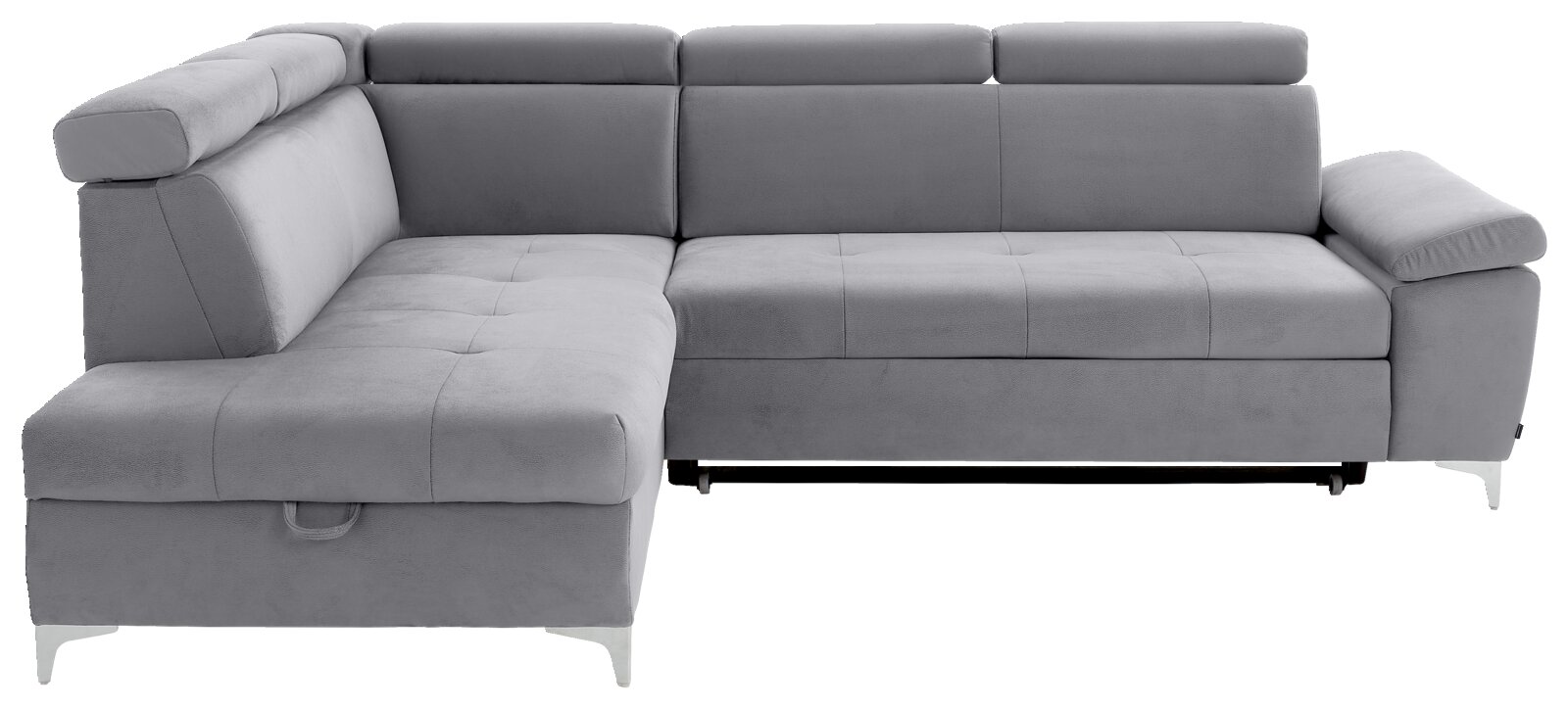 Graues Ecksofa mit verstellbaren Kopfstützen, Ansicht von vorne.