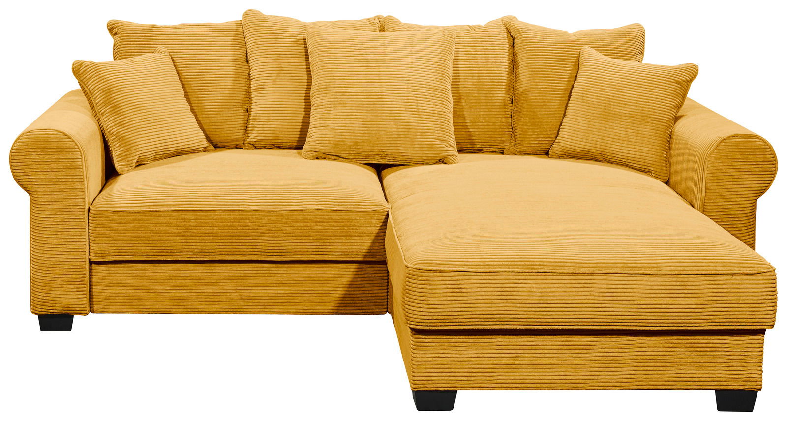 Gelbes Ecksofa mit mehreren Kissen, Vorderansicht