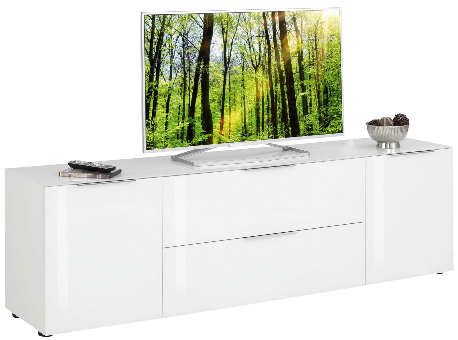 Voleo TV-Lowboard MALIN Weißes TV-Lowboard mit modernem Design, darauf ein Flachbildfernseher mit Waldmotiv, von schräg vorne betrachtet.