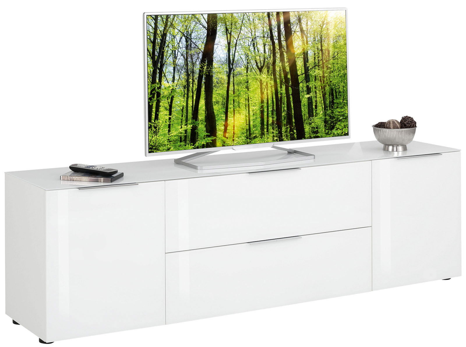 Voleo TV-Lowboard MALIN Weißes TV-Lowboard mit modernem Design, darauf ein Flachbildfernseher mit Waldmotiv, von schräg vorne betrachtet.