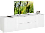 Weißes TV-Lowboard mit modernem Design, darauf ein Flachbildfernseher mit Waldmotiv, von schräg vorne betrachtet.