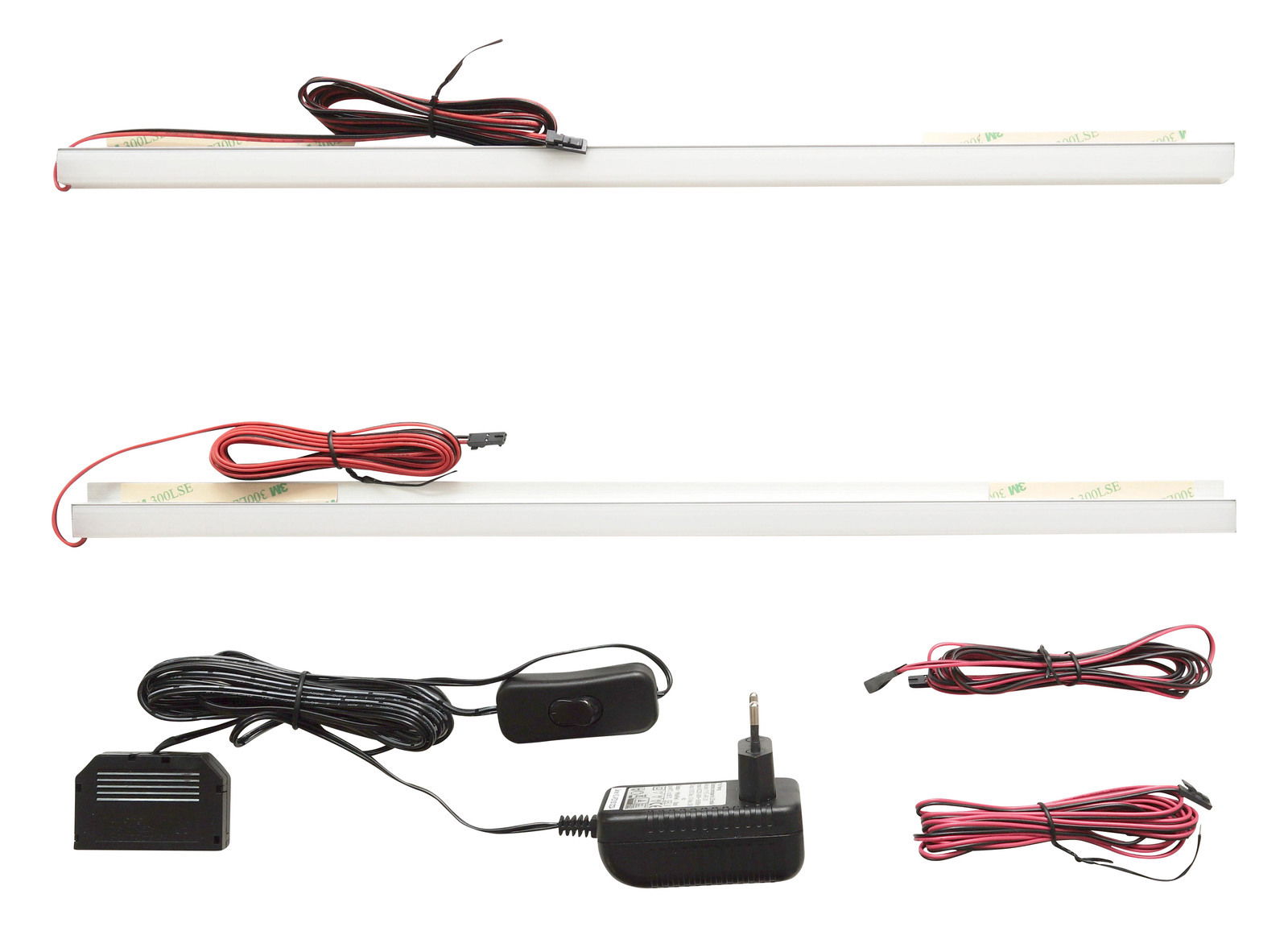 LED Rückwand Beleuchtung mit zwei Lichtleisten, Kabeln und Netzteil, seitliche Perspektive