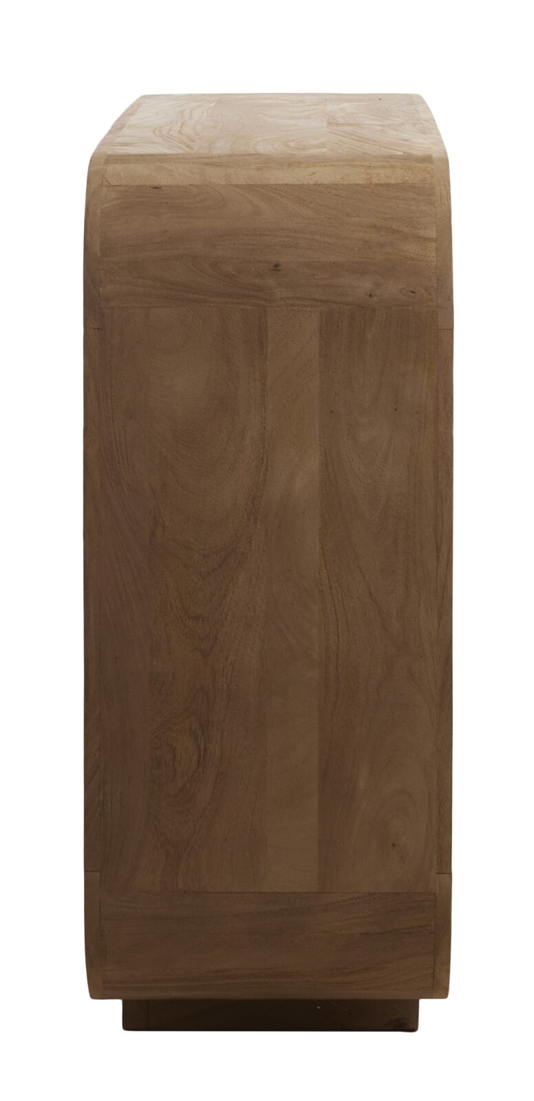Zijaanzicht van een houten stelschap met een glad oppervlak en een natuurlijke nerf.