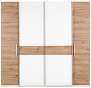 Dreh- und Schwebetürenschrank mit vier Türen in Holzoptik und Weiß, Frontalansicht