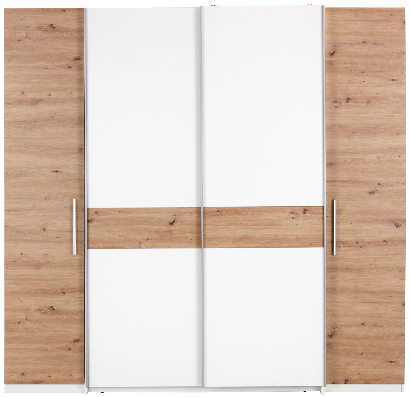 Dreh- und Schwebetürenschrank mit vier Türen in Holzoptik und Weiß, Frontalansicht