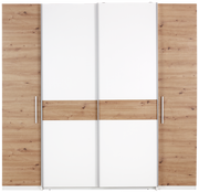 Dreh- und Schwebetürenschrank mit vier Türen in Holzoptik und Weiß, Frontalansicht