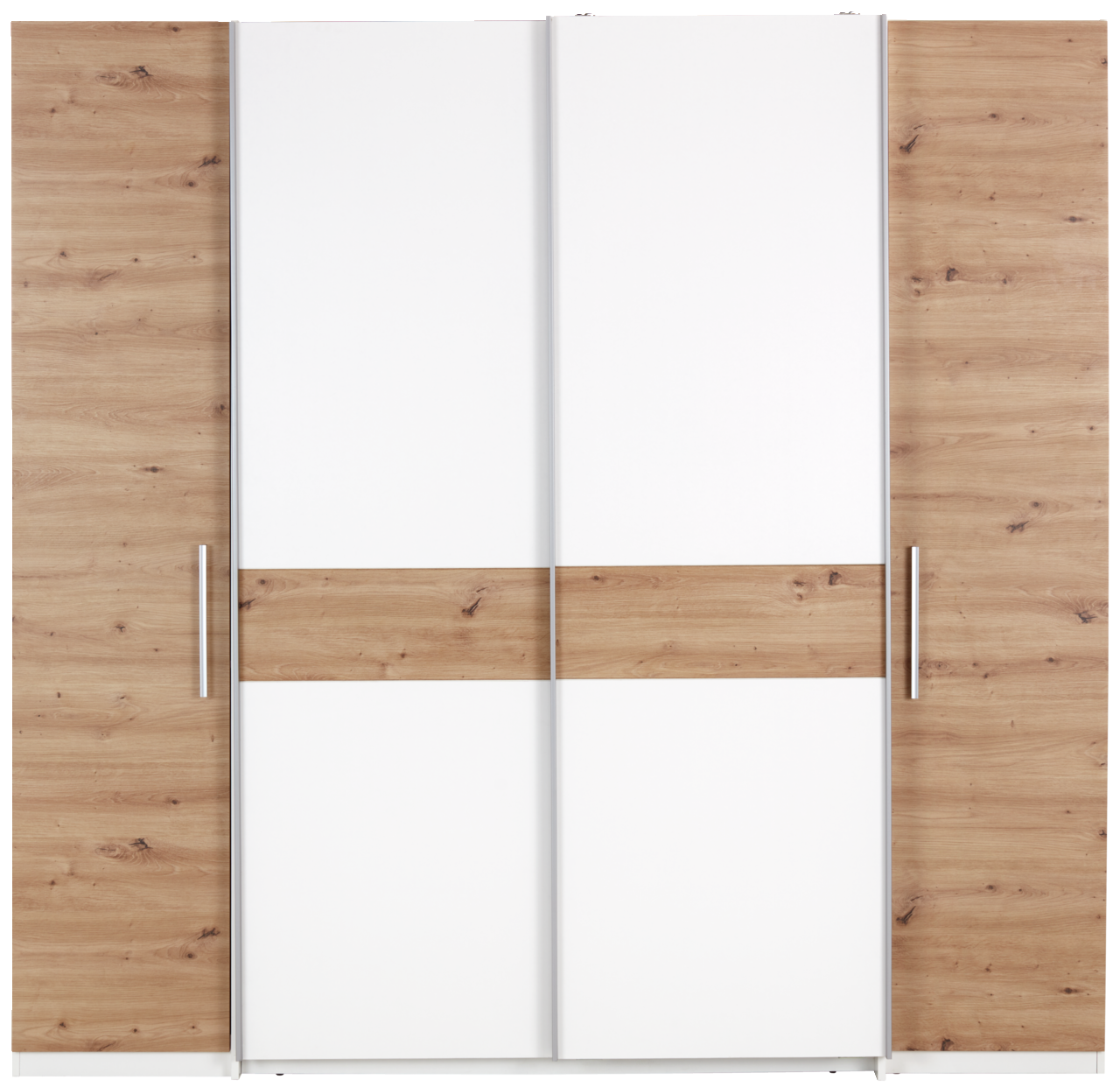 Dreh- und Schwebetürenschrank mit vier Türen in Holzoptik und Weiß, Frontalansicht