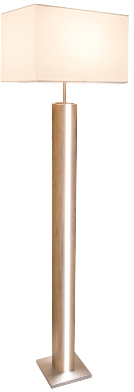 Stehleuchte FOREST mit rechteckigem, hellem Lampenschirm und einem hölzernen, vertikalen Standfuß mit integrierter Beleuchtung, seitliche Perspektive.