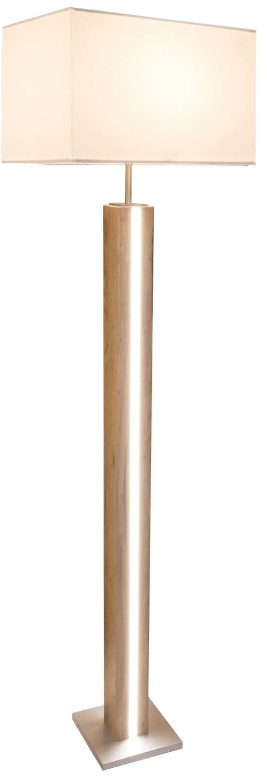 NOWA Stehleuchte FOREST FOREST Stehleuchte FOREST mit rechteckigem, hellem Lampenschirm und einem hölzernen, vertikalen Standfuß mit integrierter Beleuchtung, seitliche Perspektive.