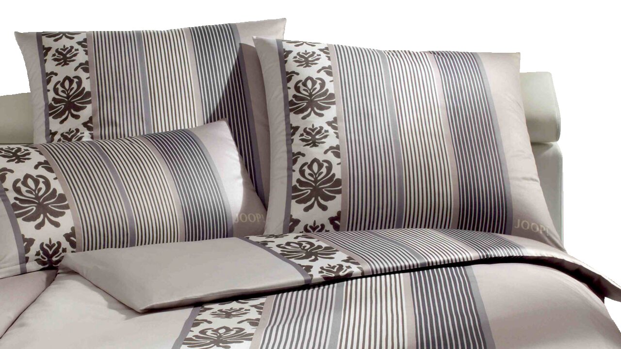 Bettwäsche-Set mit Streifen- und Blumenmuster in Grau- und Beigetönen, seitliche Perspektive