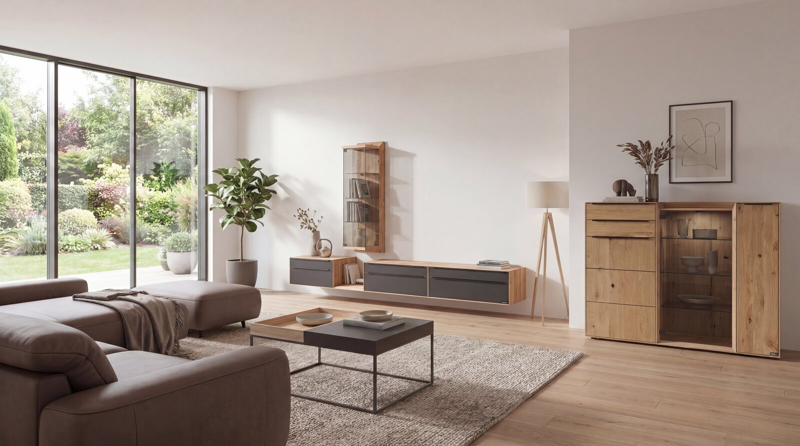 Hülsta Highboardkombination MADERA Modernes Wohnzimmer mit massiver Holz-Wohnwand/Sideboard-Kombination und Hängeschrank, teils mit grauen Fronten und Glasvitrine, aufgenommen in einer frontalen Weitwinkelperspektive.