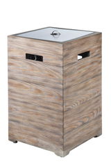Holzverkleideter Gaskamin in quadratischer Form, seitliche Perspektive