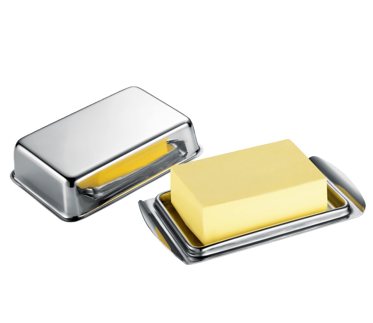 Butterdose aus Edelstahl mit abnehmbarem Deckel, seitliche Perspektive