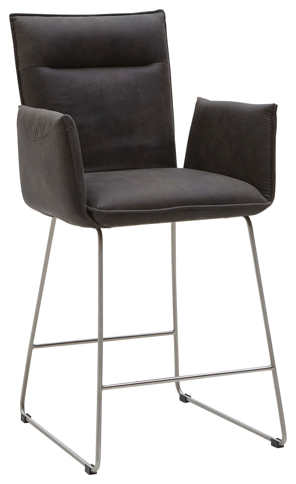 Barsessel mit dunklem Stoffbezug und Metallgestell, seitliche Perspektive