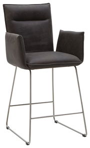 Barsessel mit dunklem Stoffbezug und Metallgestell, seitliche Perspektive