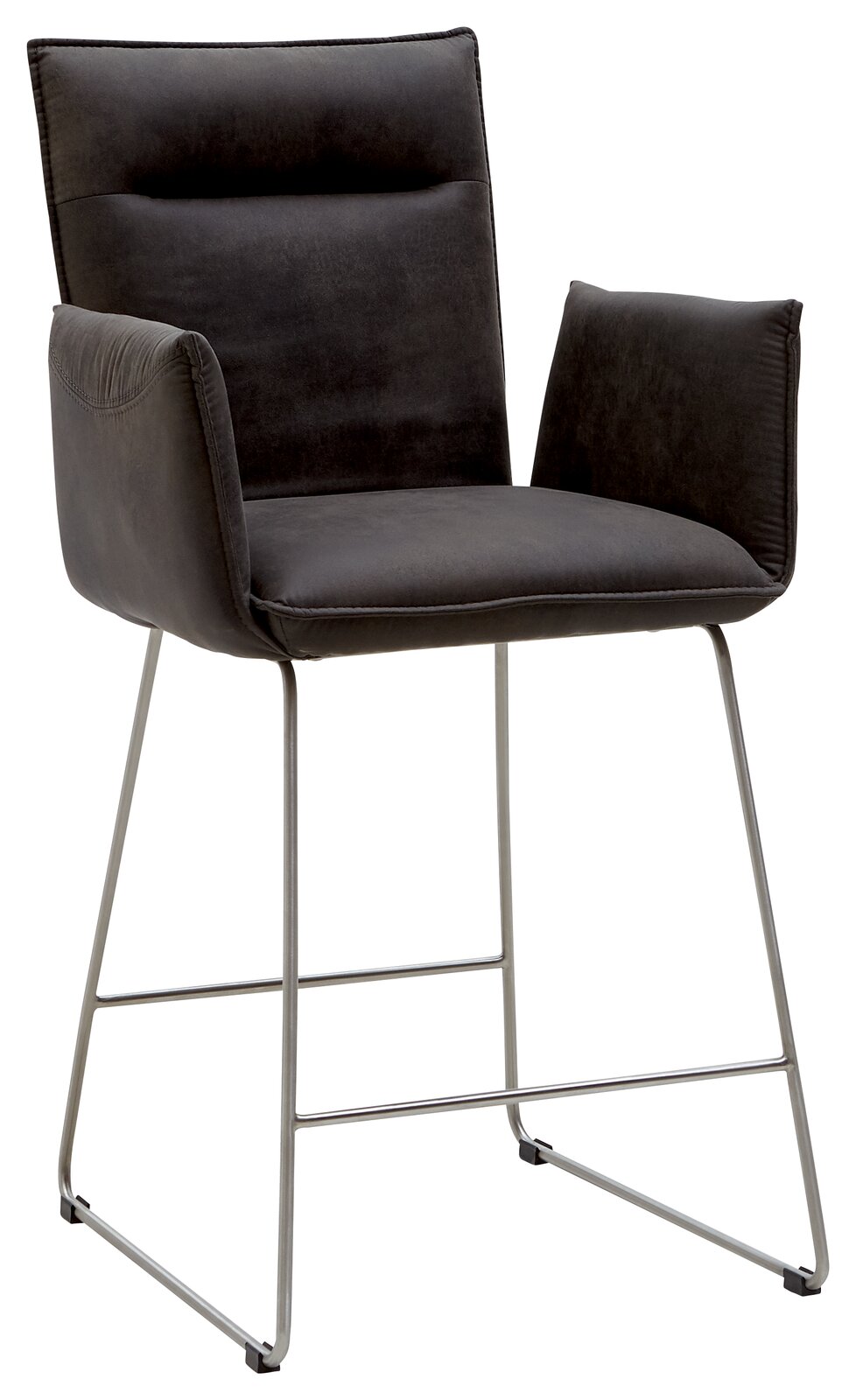 Barsessel mit dunklem Stoffbezug und Metallgestell, seitliche Perspektive