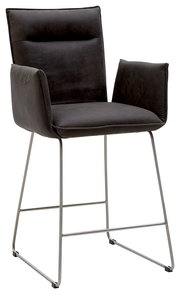 Barsessel mit dunklem Stoffbezug und Metallgestell, seitliche Perspektive