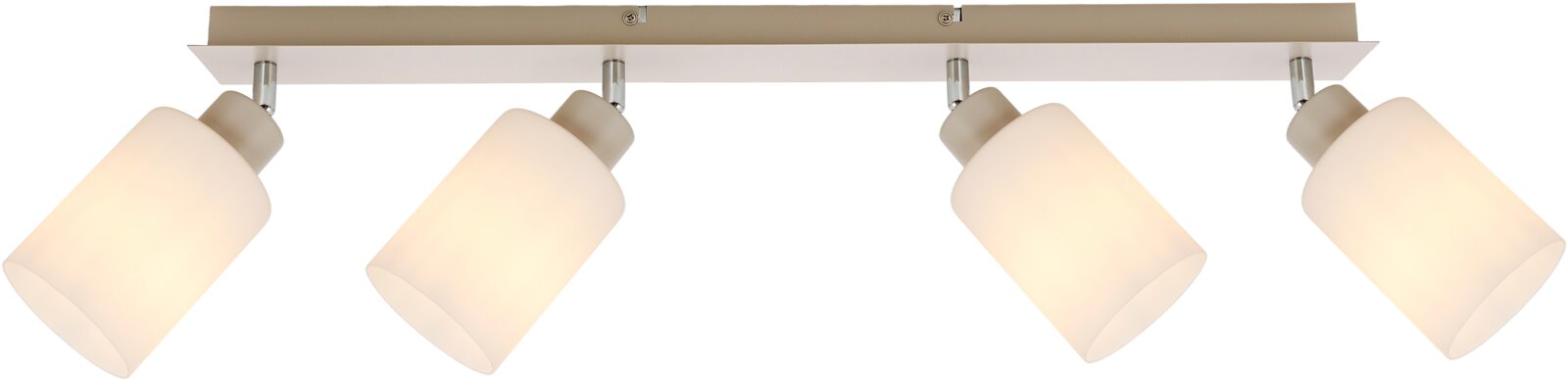 Moderne plafondlamp met vier verstelbare spotkoppen en matte glazen kappen op een rechthoekige plafondbalk, frontaal aanzicht