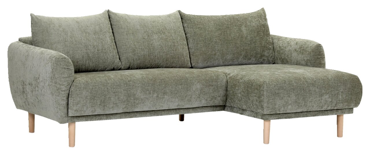 Grünes Ecksofa mit drei Kissen und Holzfüßen, Perspektive von vorne rechts