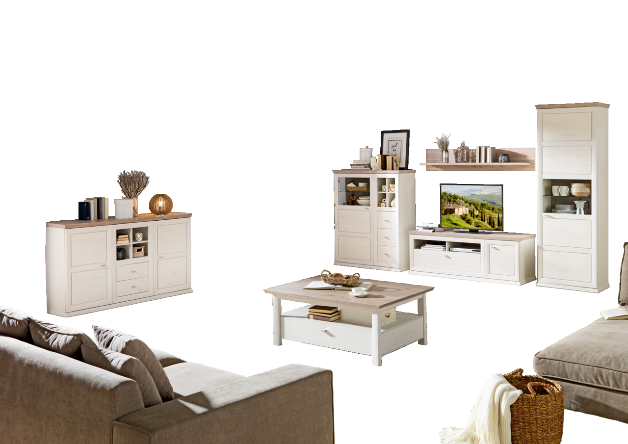 Hom´in Wohnwand CAMRON Wohnzimmer mit moderner Wohnwand und Couchtisch in heller Holzoptik, seitliche Perspektive