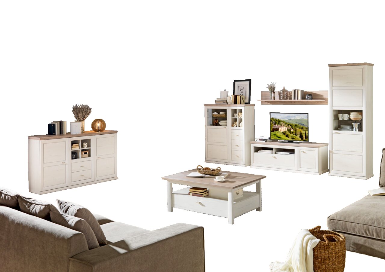 Hom´in Wohnwand CAMRON Wohnzimmer mit moderner Wohnwand und Couchtisch in heller Holzoptik, seitliche Perspektive