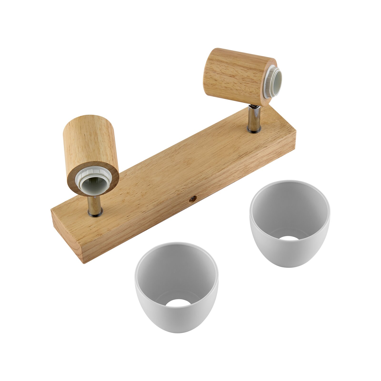 Holzstrahler mit zwei verstellbaren Köpfen und weißen Lampenschirmen, Ansicht von oben
