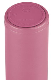 Roze beker van onderaf gezien, met de opschriften 'German Design' en 'Made in China', inhoud 0,4 l