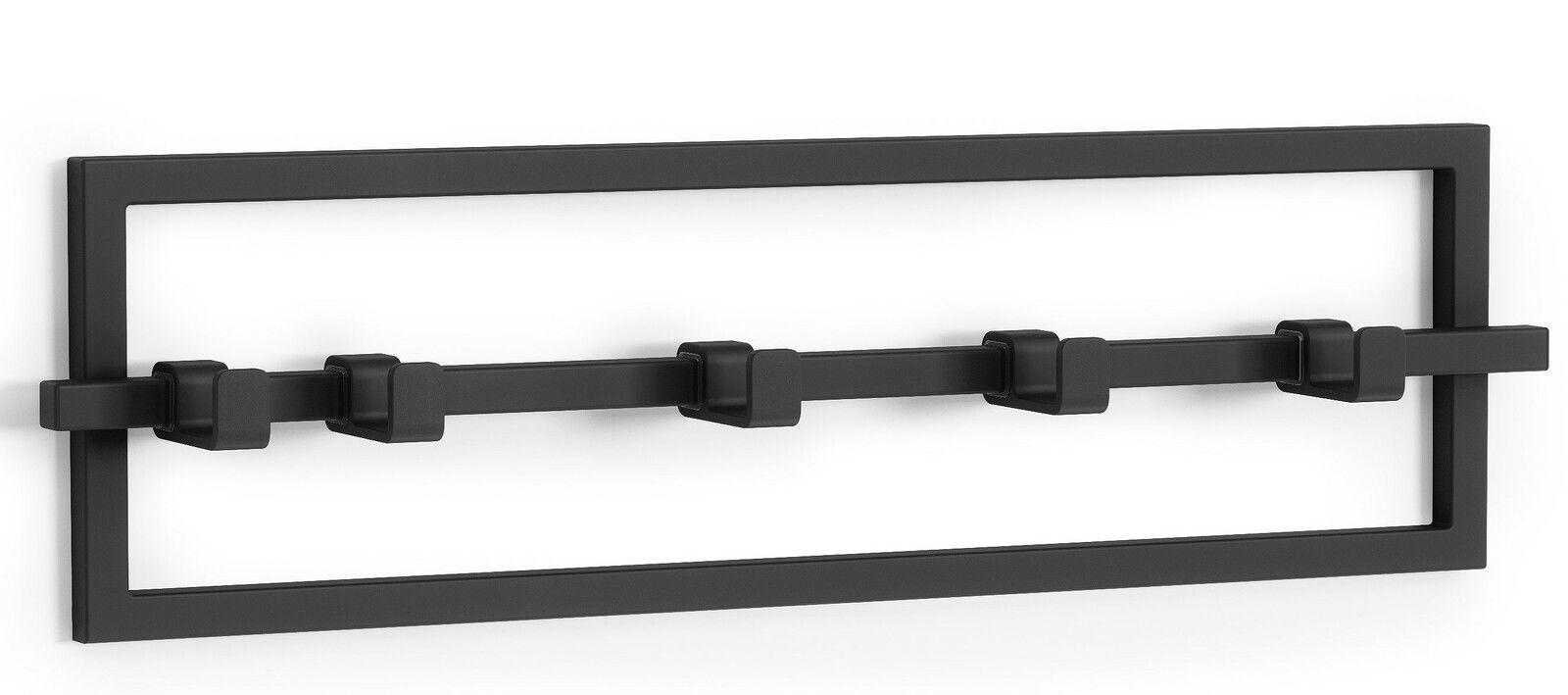 Schwarze Wandgarderobe mit rechteckigem Rahmen und mehreren Haken, seitliche Perspektive