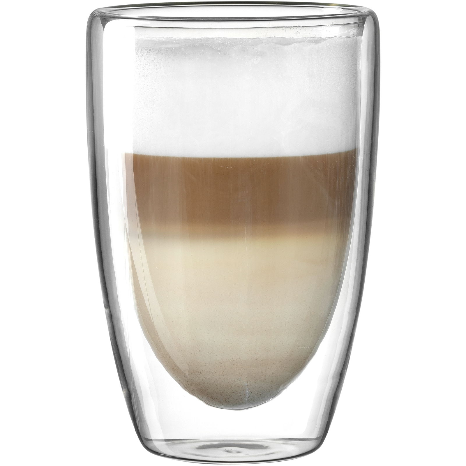 Doppelwandiger Becher mit 400ml Fassungsvermögen, gefüllt mit einem mehrschichtigen Getränk, seitliche Perspektive