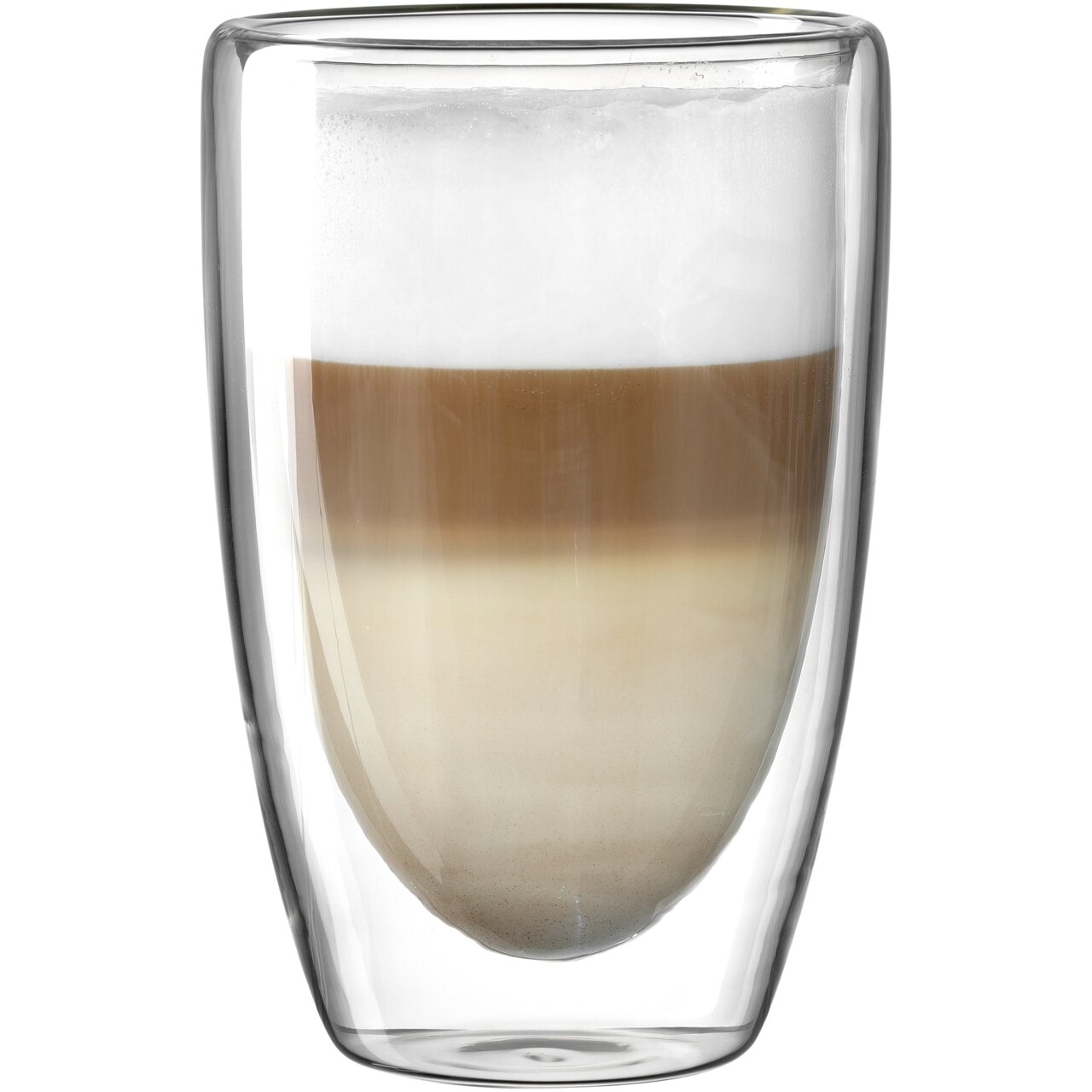 Doppelwandiger Becher mit 400ml Fassungsvermögen, gefüllt mit einem mehrschichtigen Getränk, seitliche Perspektive