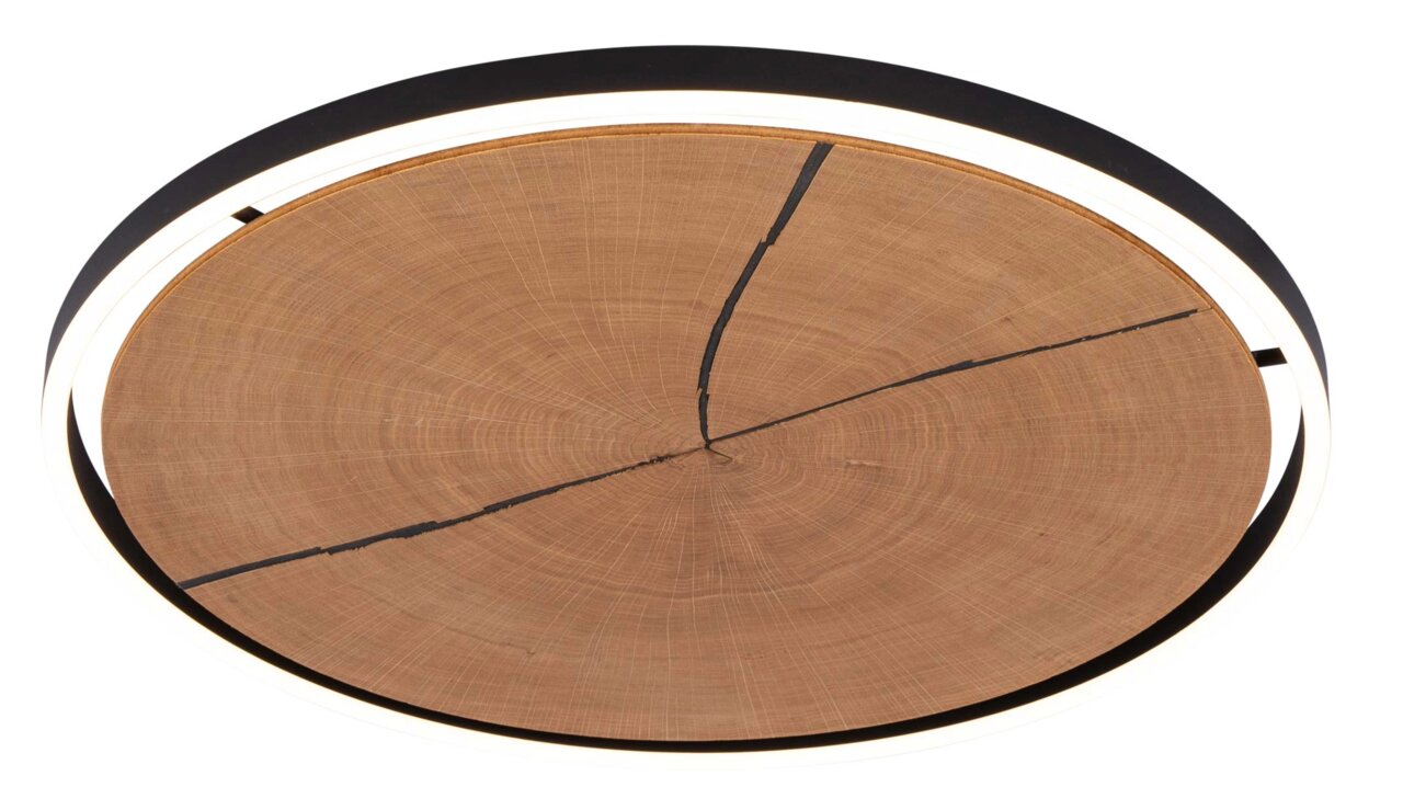 Runde LED-Deckenleuchte mit Holzoptik, von unten betrachtet