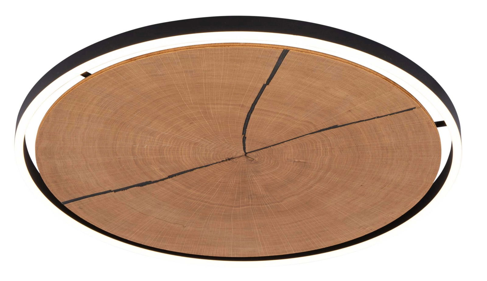 Runde LED-Deckenleuchte mit Holzoptik, von unten betrachtet