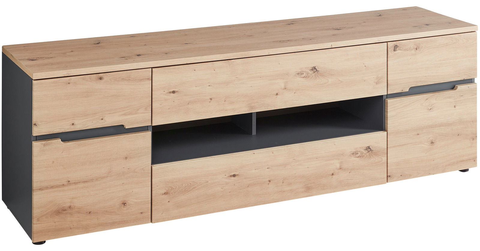 Voleo TV-Lowboard DETROIT TV-Lowboard aus Holz mit mehreren Schubladen und offenen Fächern, Perspektive von vorne