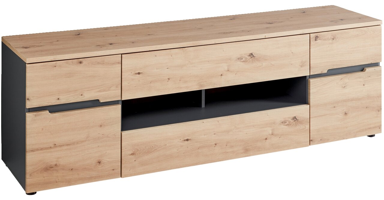 Voleo TV-Lowboard DETROIT TV-Lowboard aus Holz mit mehreren Schubladen und offenen Fächern, Perspektive von vorne