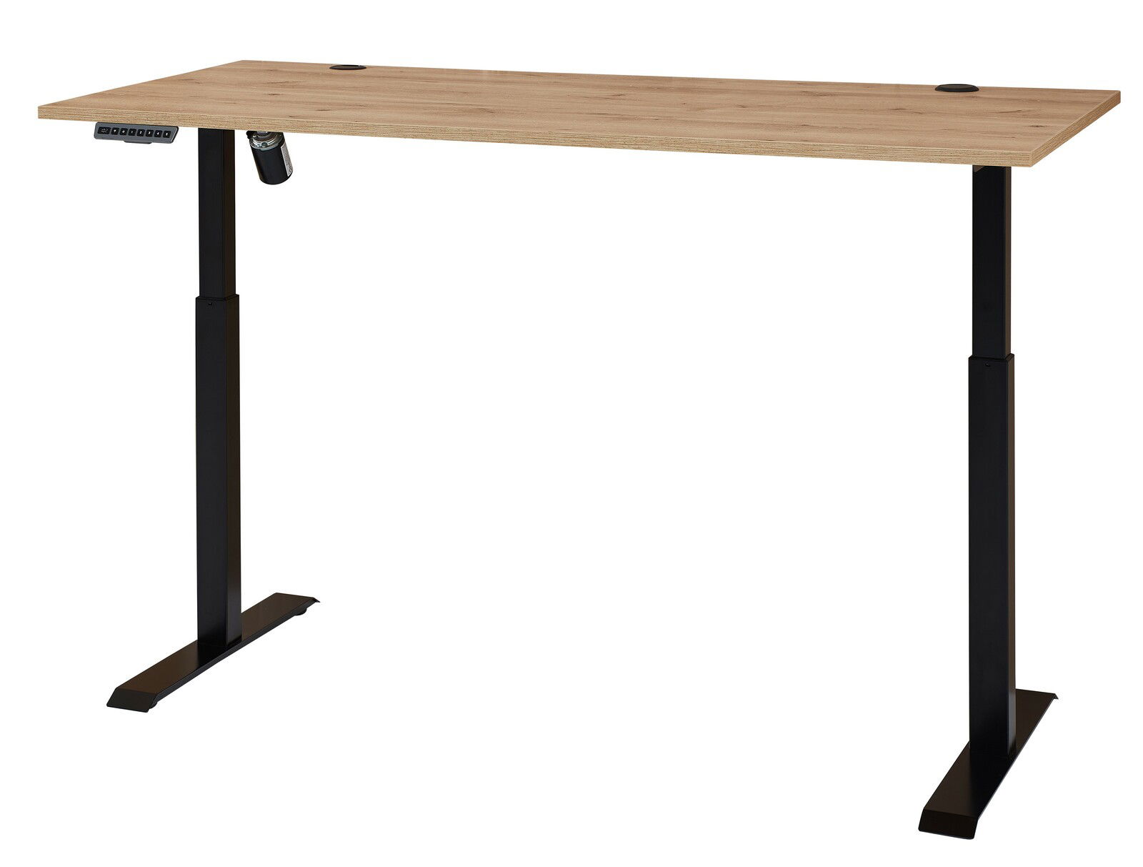 Moderner höhenverstellbarer E-Schreibtisch mit Furnieroberfläche, seitliche Perspektive