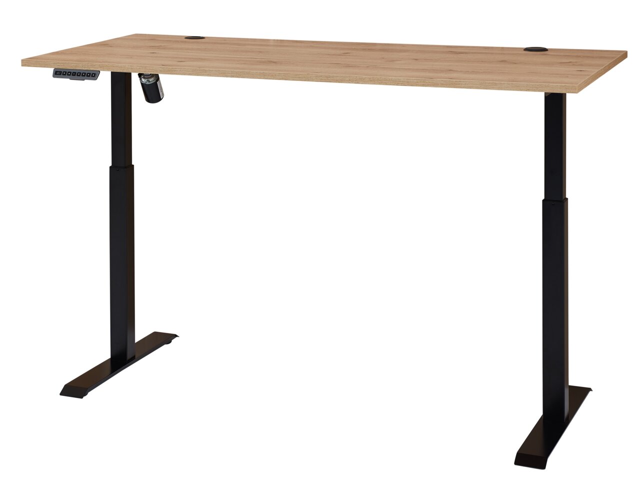 Moderner höhenverstellbarer E-Schreibtisch mit Furnieroberfläche, seitliche Perspektive