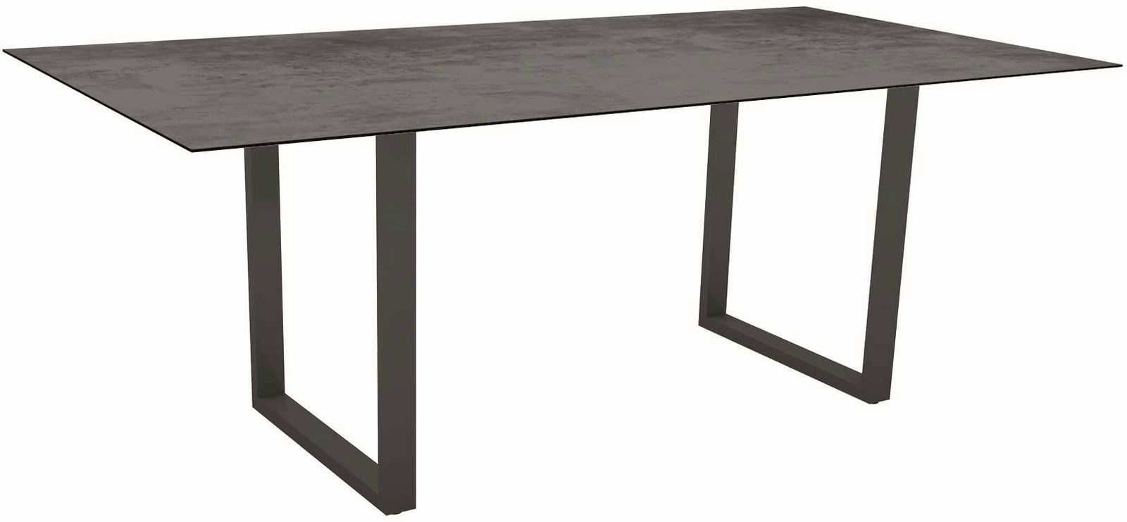 Moderner Esstisch mit rechteckiger Tischplatte und Kufengestell, seitliche Perspektive