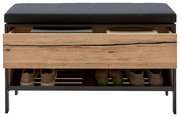 Garderobenbank mit schwarzem Sitzpolster, Holzschublade und Schuhablage, frontale Ansicht