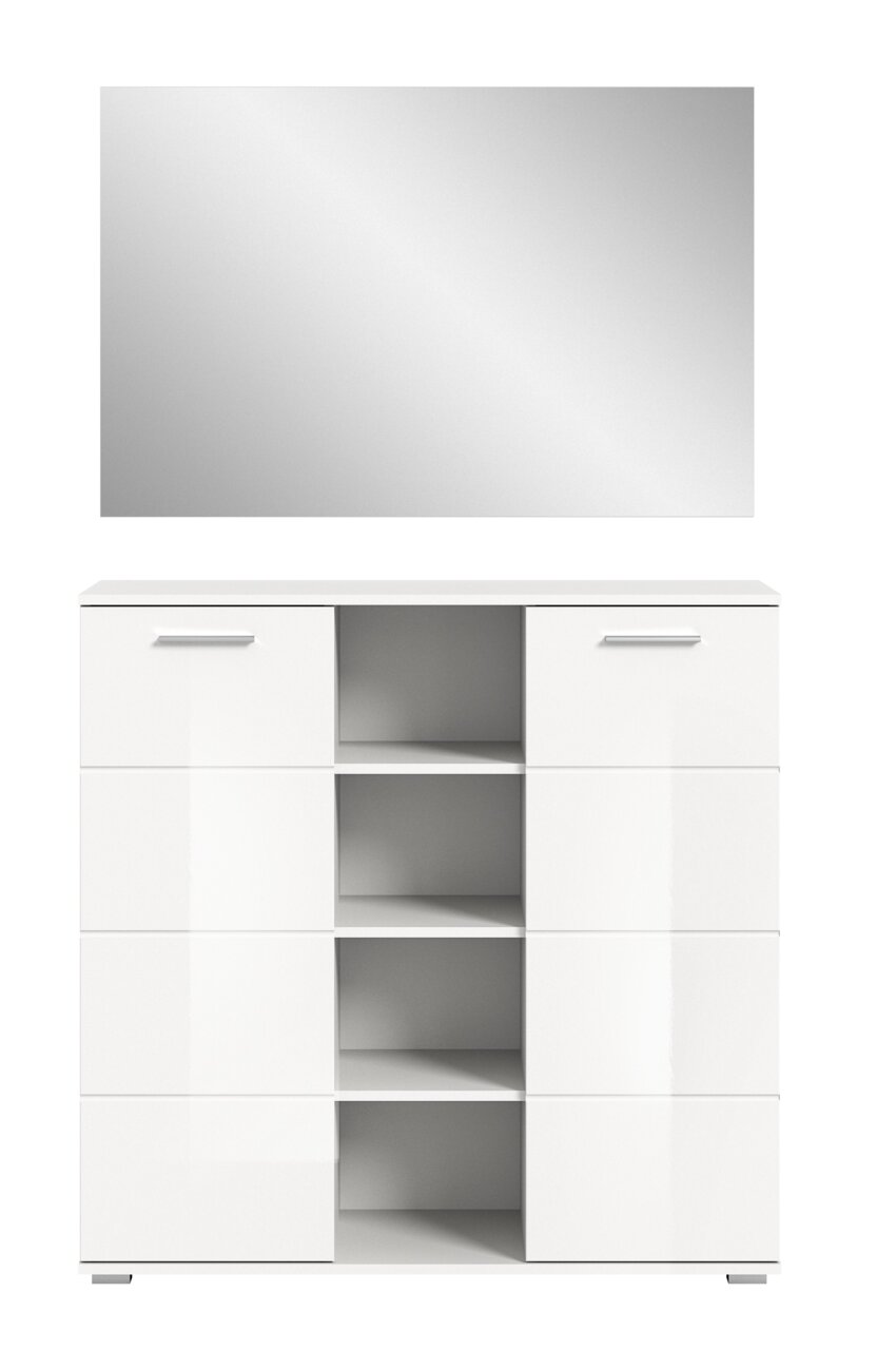 Frontale Ansicht einer weißen Garderobenkombination mit Spiegel, Schubladen und offenen Regalfächern.