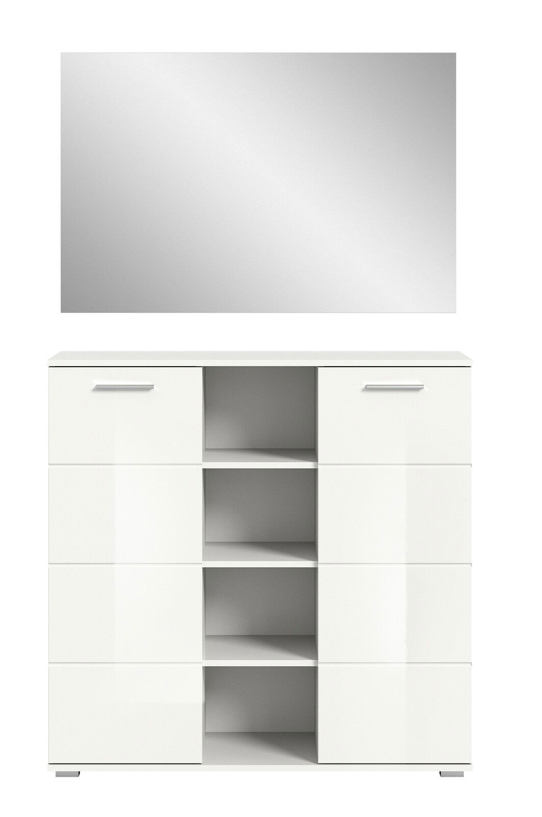 Frontale Ansicht einer weißen Garderobenkombination mit Spiegel, Schubladen und offenen Regalfächern.