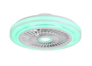 Moderner Deckenventilator mit grünem LED-Licht, von unten betrachtet.