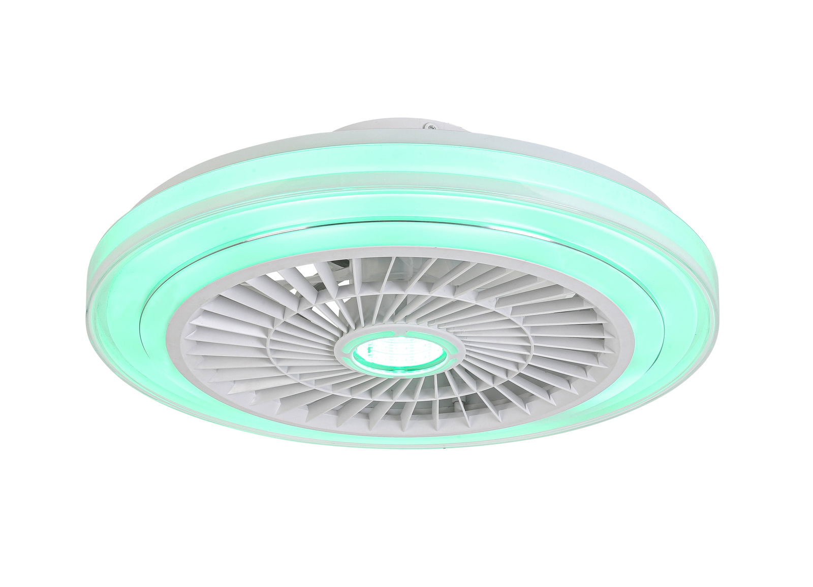 Moderner Deckenventilator mit grünem LED-Licht, von unten betrachtet.