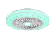 Moderner Deckenventilator mit grünem LED-Licht, von unten betrachtet.